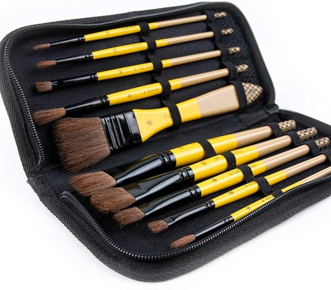 ARTIFY 10 Pieces Paint Brush Set, Intermediate Series, Includes a Carrying Case, Premium Horse Bristle Brushes for Acrylic, Watercolor, Oil and Gouache Painting (Yellow - Horse Hair)